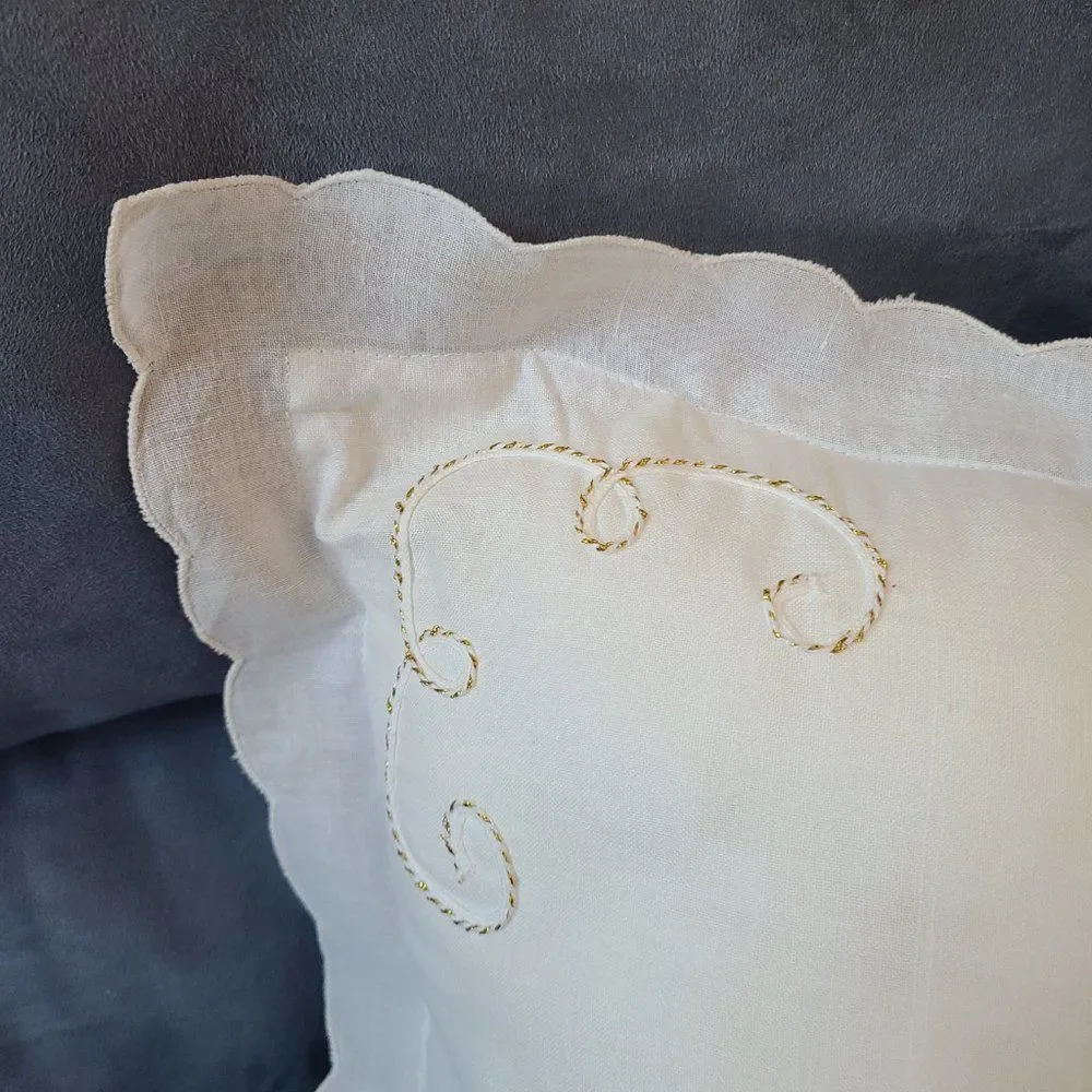 Christmas Snowmen Embroidered Throw Pillow Gold Cord Embellished Scalloped Trim